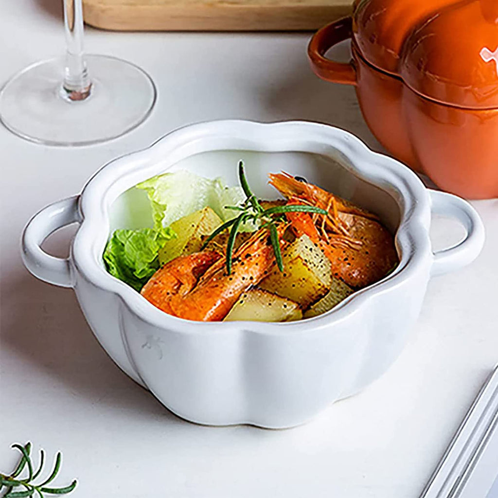 Pumpkin Bowl Set with Lid and Handle, 14 Oz Ceramic Ramekins for Baking, Casserole Dish Individual Severing Pot