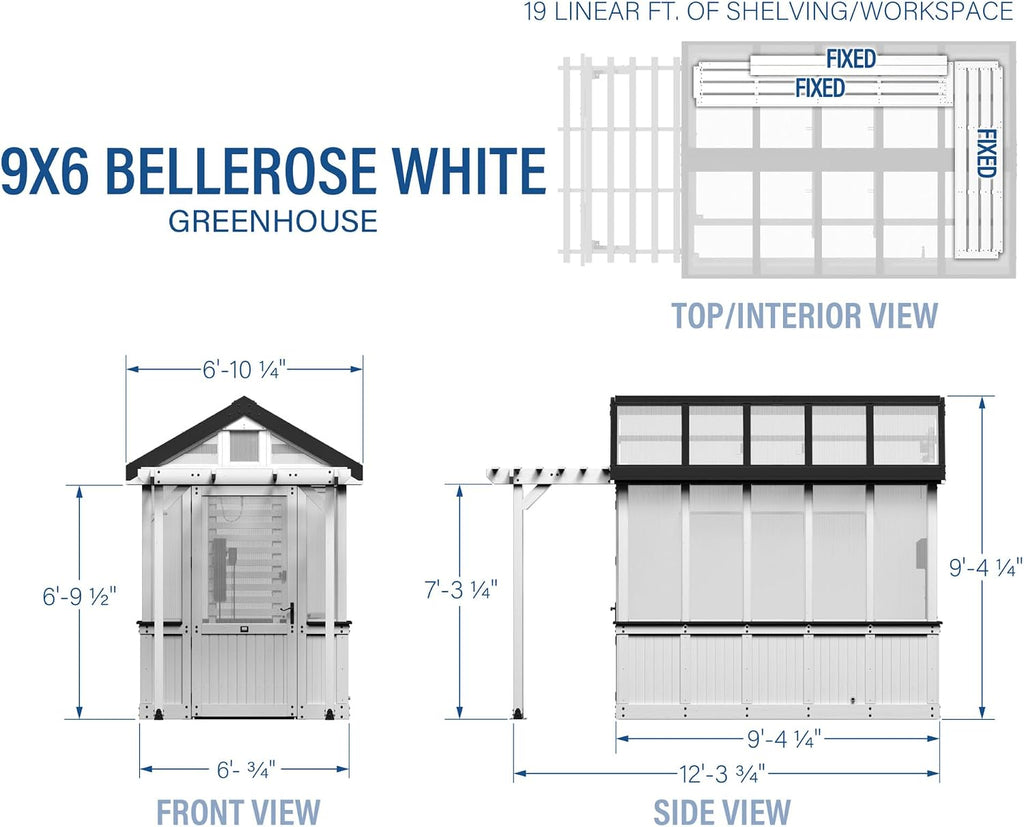 Bellerose 9' x 6' White Cedar Wood and Polycarbonate Walk-in Greenhouse Kit with Pergola, Exhaust Fan, Window, Hose