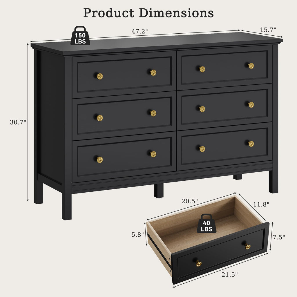 47" Black Dresser with Modern Gold Handles & 6 Drawer