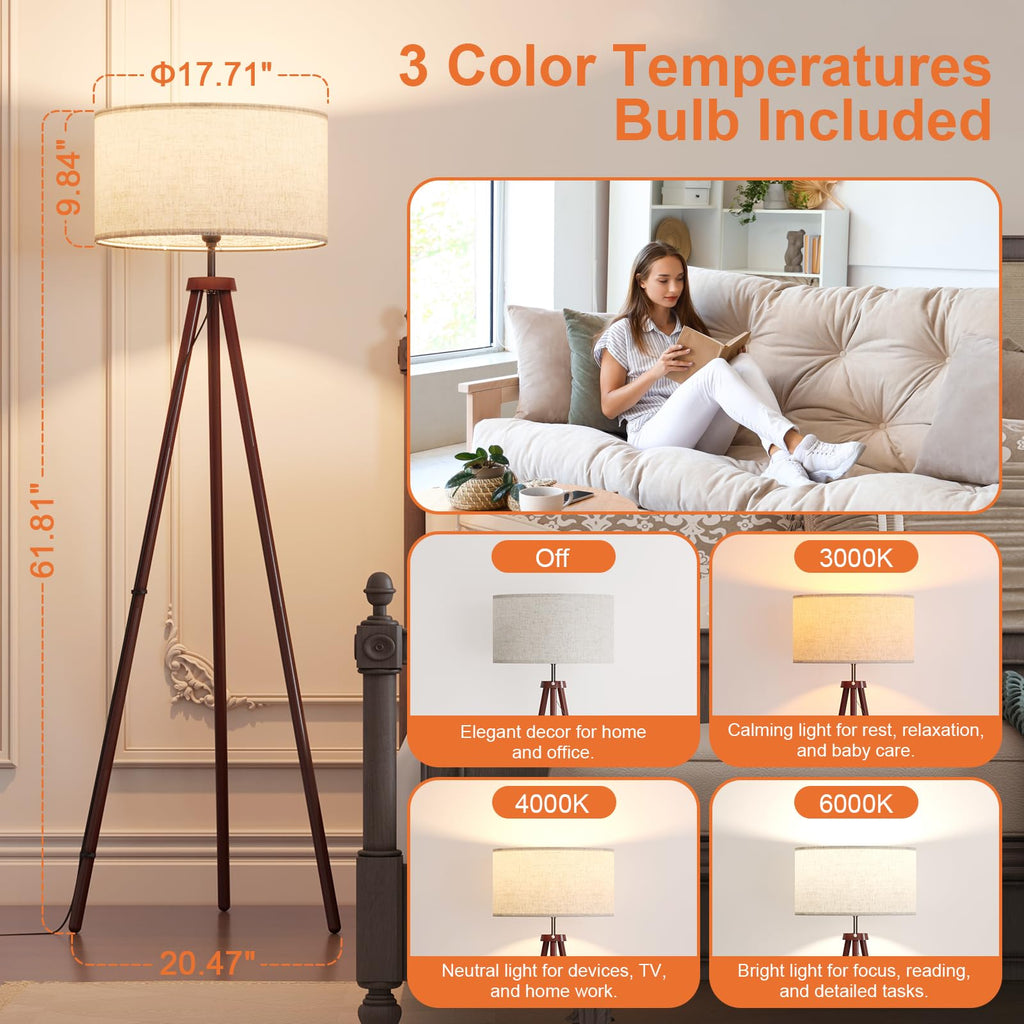 Wood Tripod Floor Lamps, and Office, Corner lamp with Beige Linen Shade, 12W Three-Color Bulb Included, Pull Chain