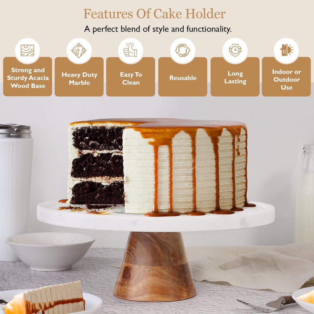 Marble & Acacia Wood Cake Stand - 11 Inch Round Cake Display for Weddings, Birthdays & Parties - Dessert Stand