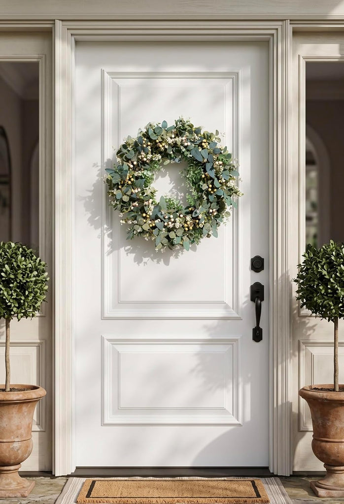 Year-Round Farmhouse Faux Wreath (24") - Realistic Eucalyptus, Boxwood & Berries