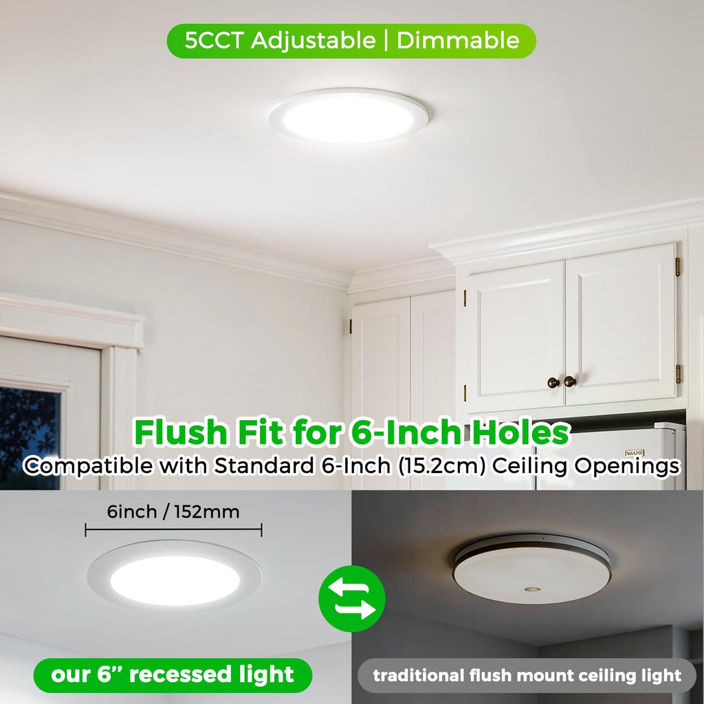 6 Pack 6 Inch LED Recessed Ceiling Light 5CCT with Junction Box