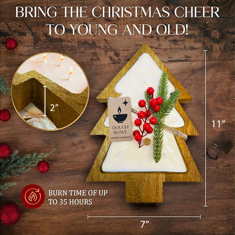 Christmas Tree Candle -11x7x2 Inch Brown Wooden Bowl in Christmas Tree Shape, 100% Soy Wax Scented Candles in