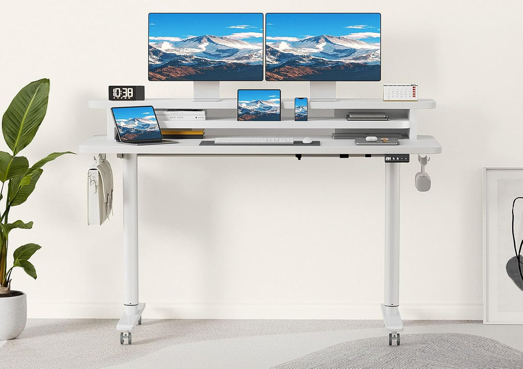 Electric Standing Desk with Dual Monitor Stand, Height Adjustable Desk Sit Stand Desk with Memory Controller, Casters