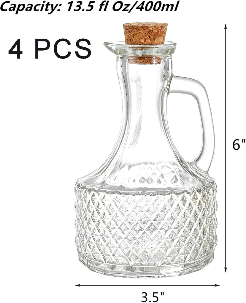 Glass Oil and Vinegar Cruets Bottles, 13.5 Ounce Glass Olive Oil Dispenser Bottle with Handle and Cork, Soy - Set of 4