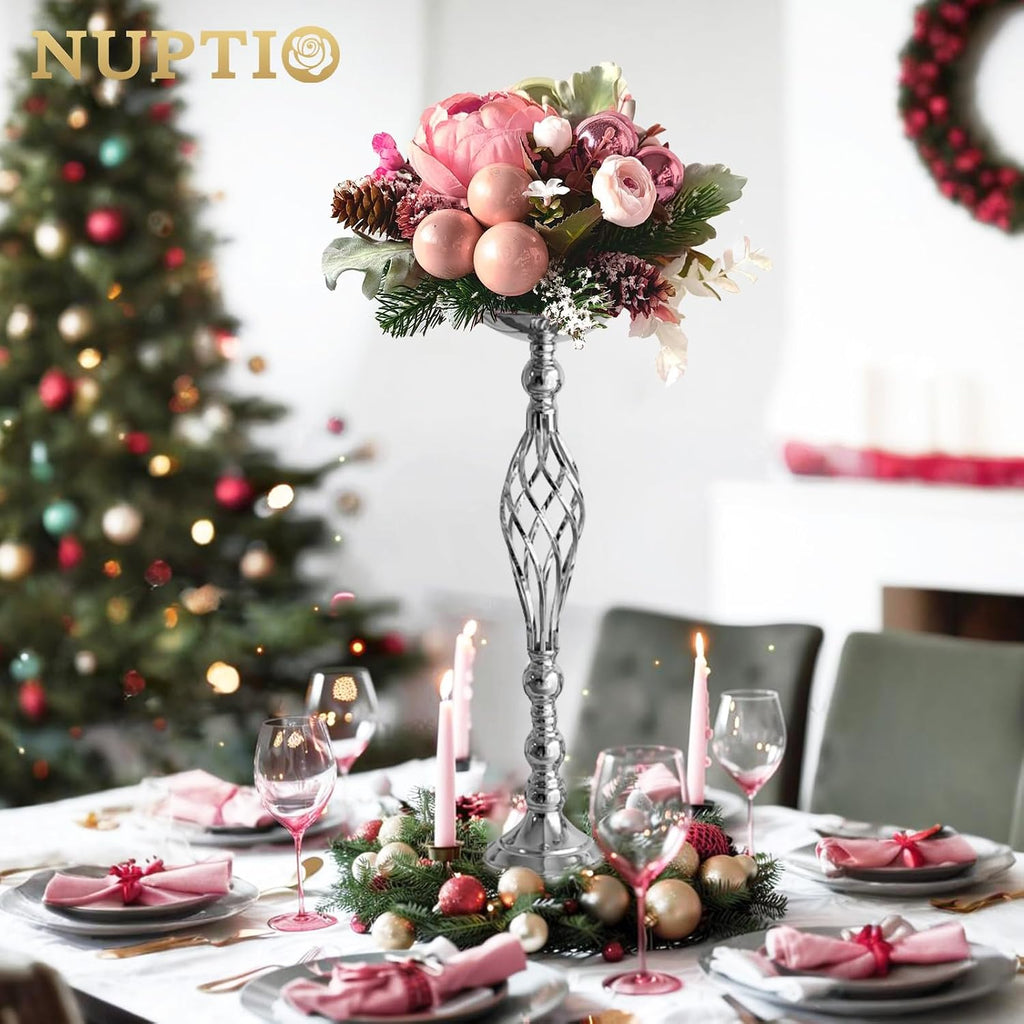 Silver Centerpiece Stand for Table, Twist Style, 22.8" Tall, 10 Pcs | Versatile Flower Arrangement, Candle Holder