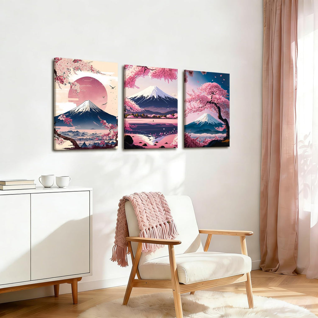 3 Pcs Fuji Mountain Cherry Blossom Canvas Wall Art