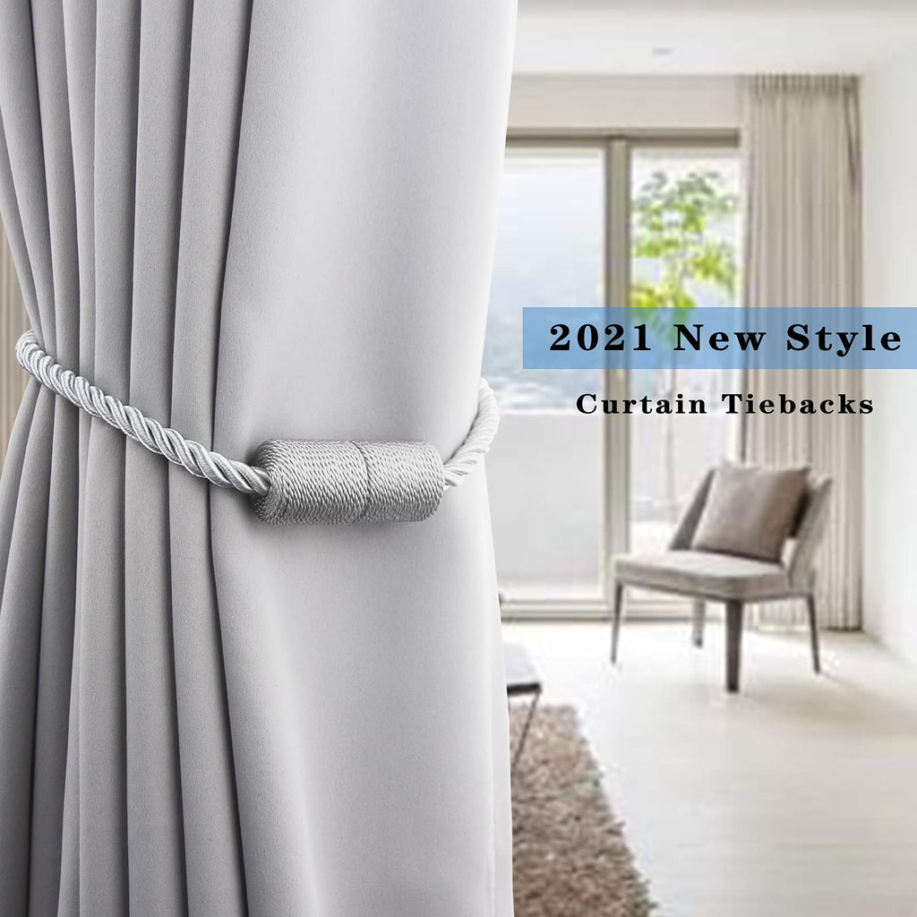 Grey Strong Magnetic Curtain Tiebacks Outdoor Elegant Decorative Tie Backs Modern Rope Tiebacks for Drapes - 2 Pack