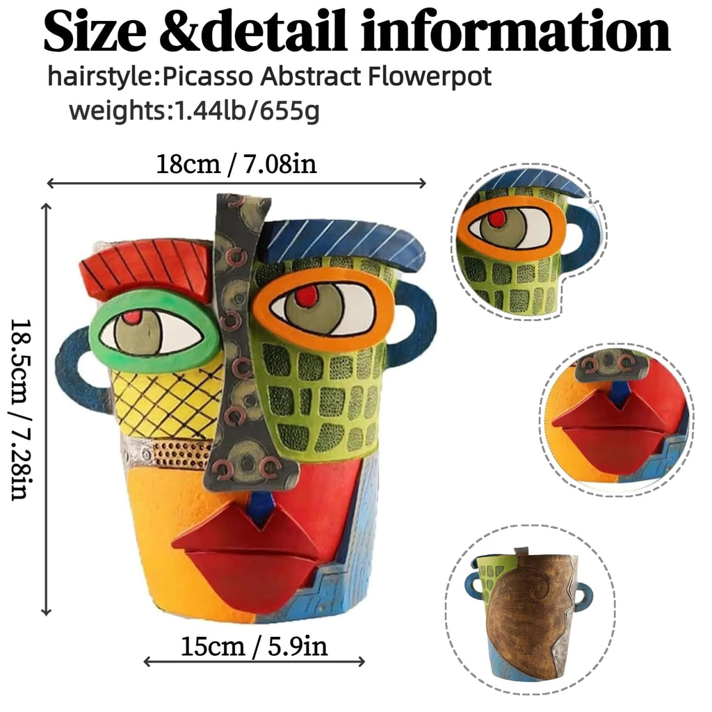Picasso Abstract Face Flower Pot, Unique Resin Crafted Planter with Drainage Holes, Interesting Colorful Planter with