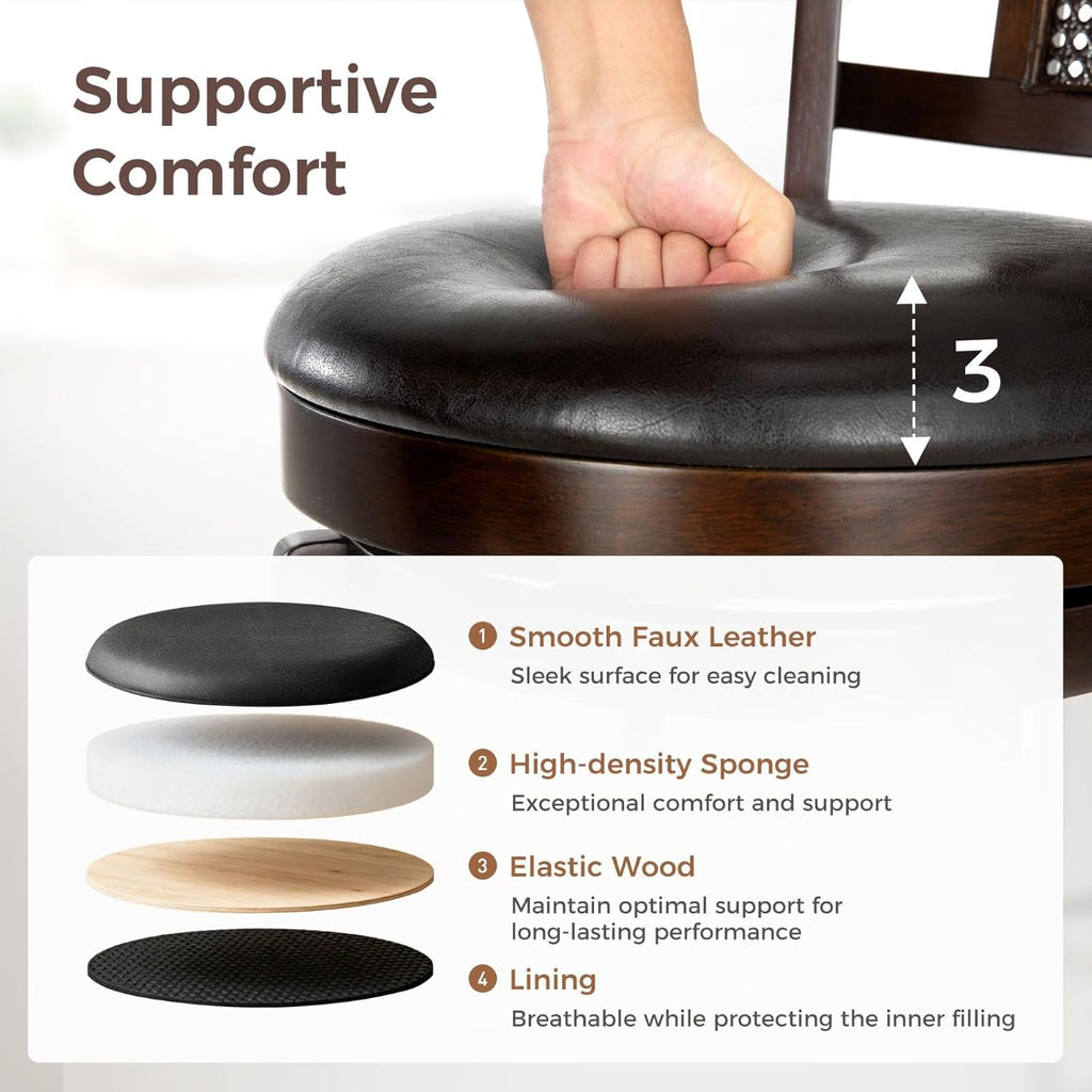 Swivel Bar Stools Set of 4, 26 Inch Counter Height Bar Stools, PU Leather Wood Bar Chairs with Backrest & Wrap-Around