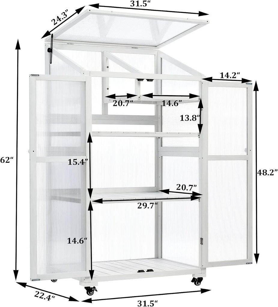 62" H Indoor Wood Greenhouse, Balcony Large Cold Frame with Wheels and Adjustable Shelves for Outdoor Indoor Use