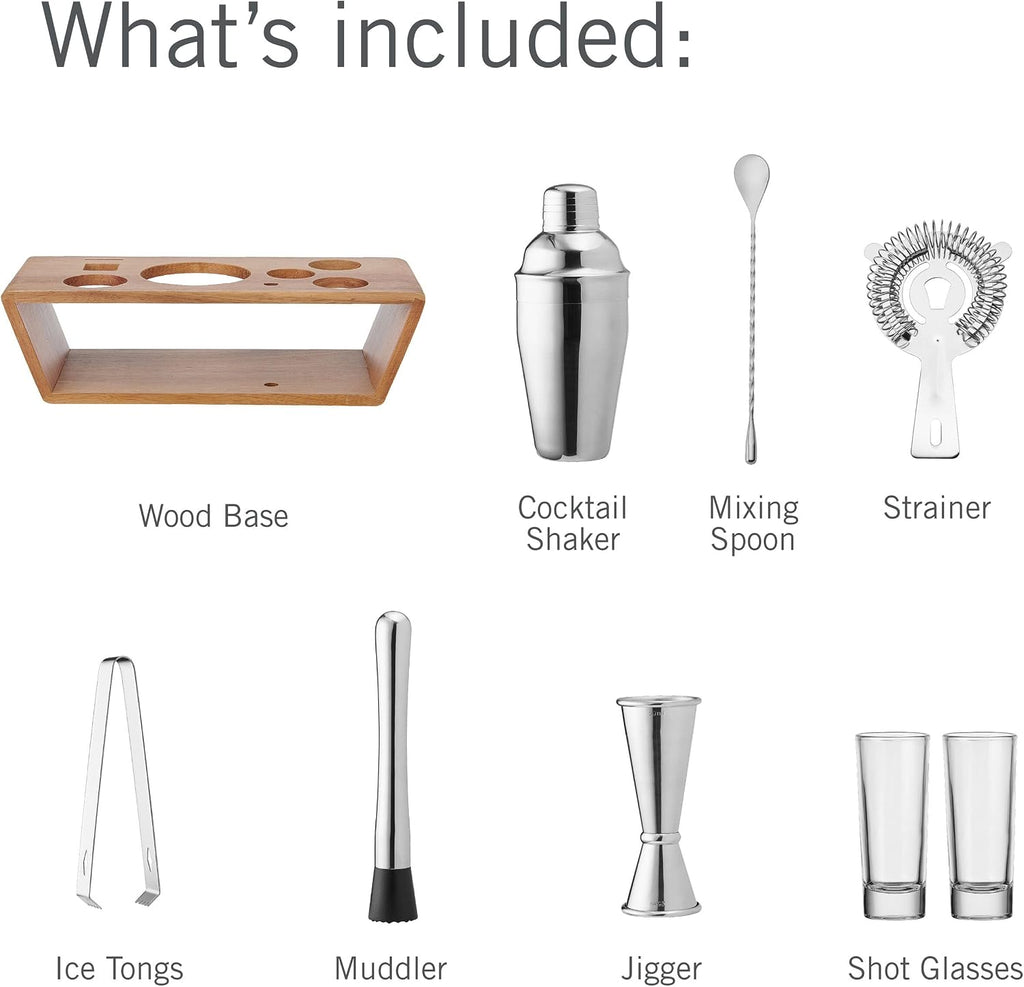 Glenwood Mixology Cocktail Shaker Bartender Stainless Steel with Acacia Wood Stand Bartool Set - Set of 8
