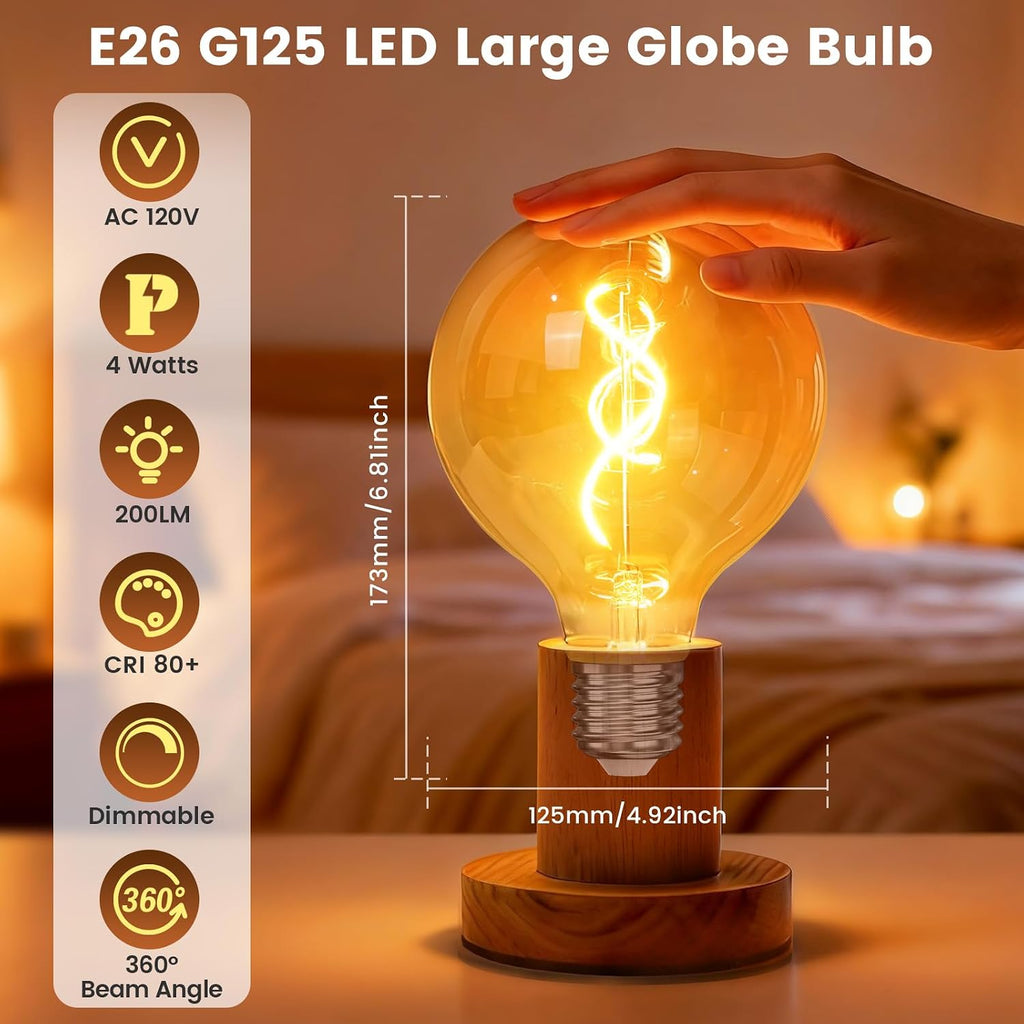 4W G125 LED Large Globe Light Bulbs Dimmable, Oversized Amber Glass E26 Edison Round Light Bulb 2000K Warm White