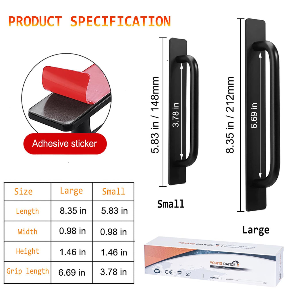 2pcs Aluminum Alloy Self-Stick Push Pull Handles for Cabinet Door Window Drawer (8.35", Black)