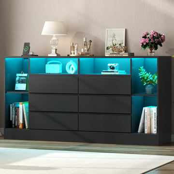6 Drawers Dresser with 6 Open Storage Cubbies, LED with Power Outlet, 55" Wide Long Dresser, Modern TV Stand with