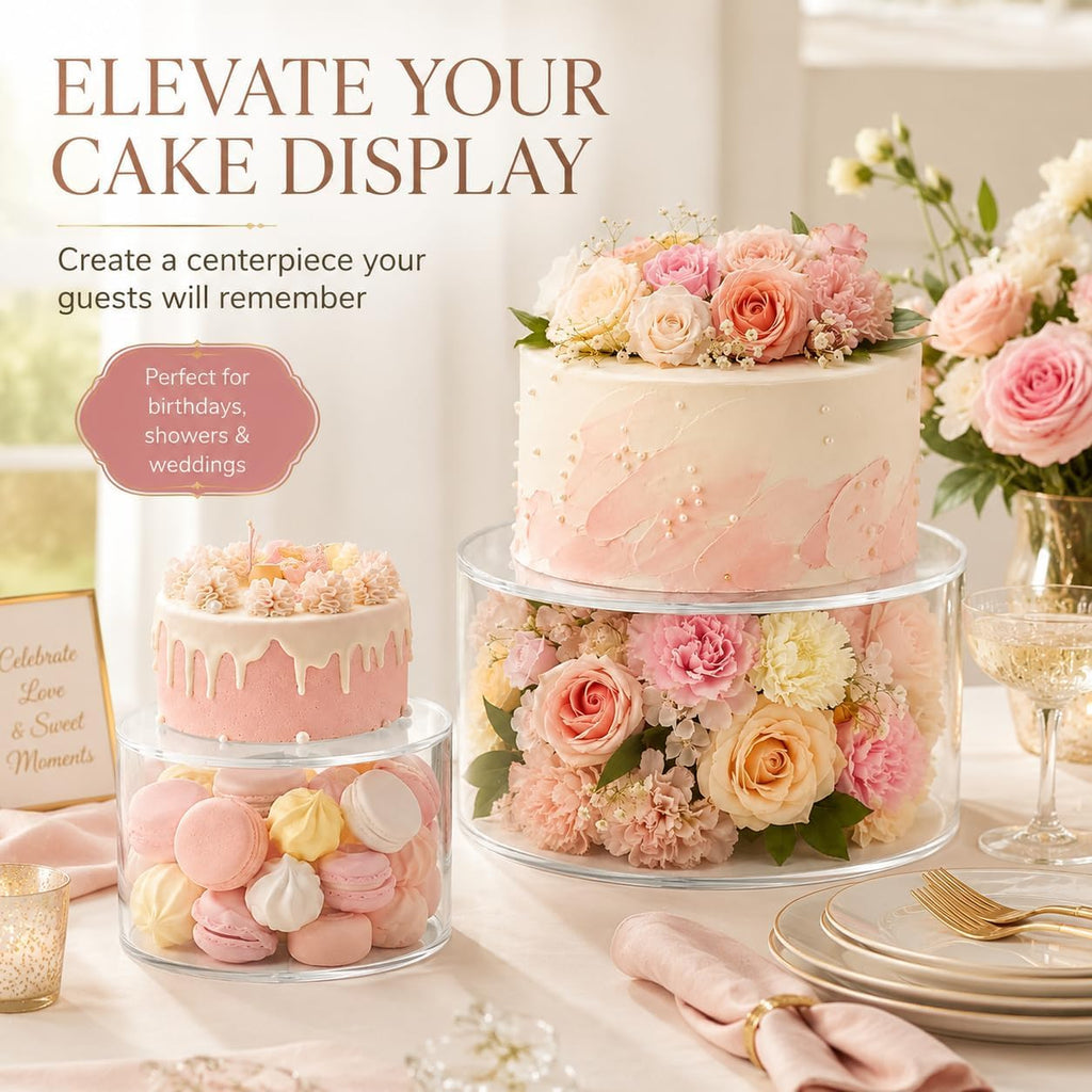 Acrylic Cake Stand, Clear Cake Stand Fillable Round Riser, 6 and 8 Inch Display Pedestals for Wedding - Set of 2