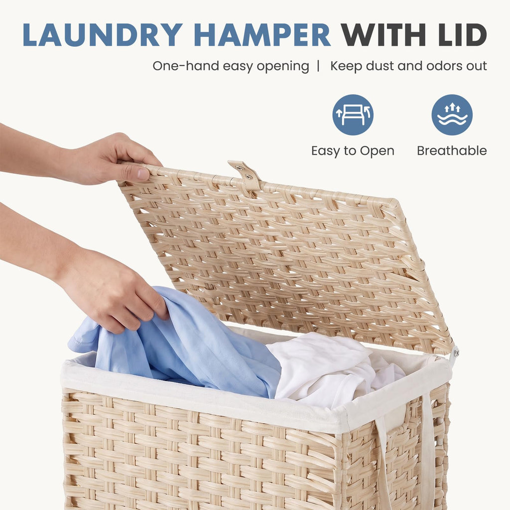 Laundry Basket with Lid, 90L Wicker Laundry Hampers, Summer Sand