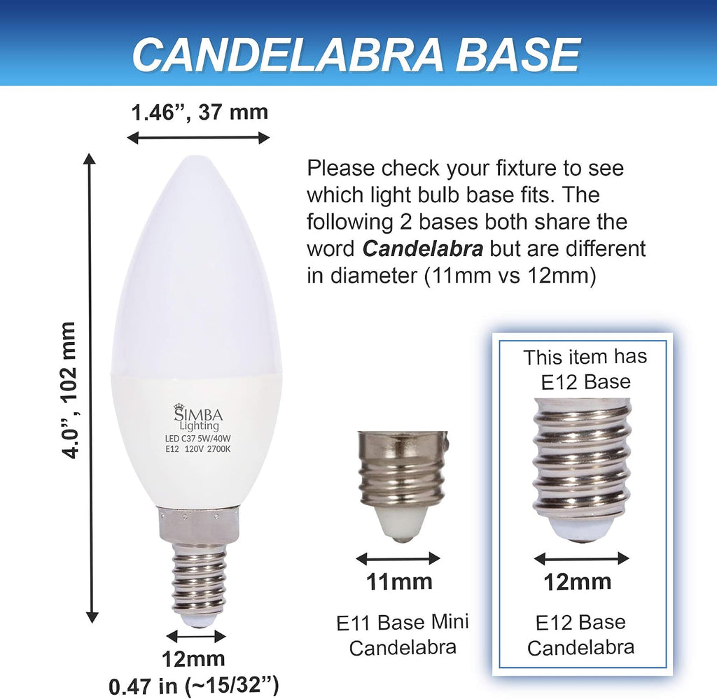 LED B11 C37 5W Candelabra Light Bulb E12 Base, 2700K, 6 Pack