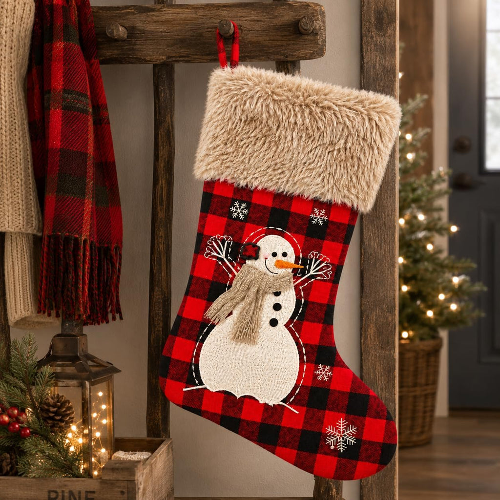 20" Black and Red Plaid Reindeer Christmas Stocking, Rustic Antique Vintage Figurine Style Home Decor, Faux Fur Scarf