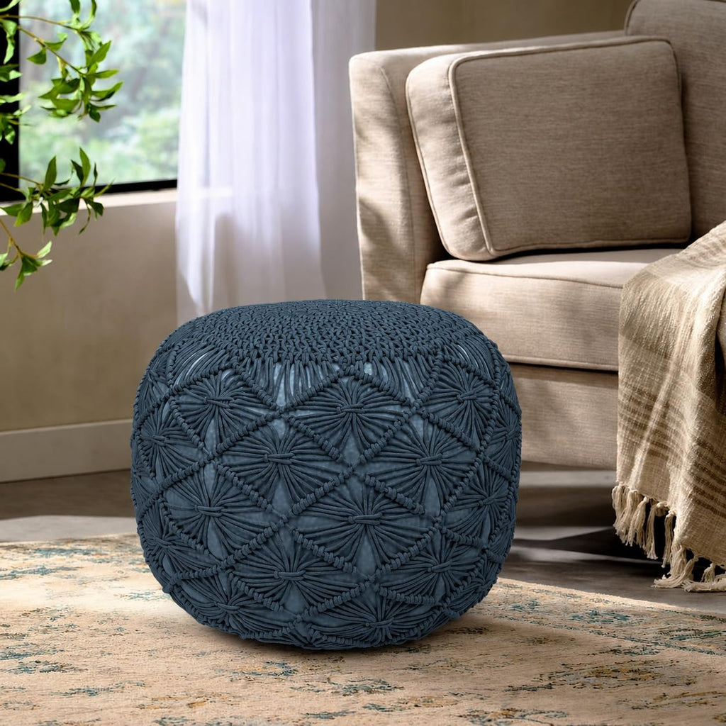 Macrame Pouf Ottoman 20x20x14 Teal Handwoven Dori Footrest Stool