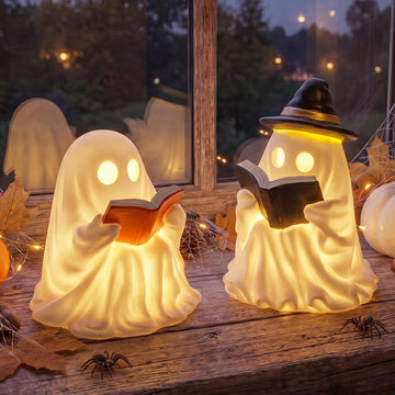 Halloween Decorations Indoor - Light Up Reading Ghost Couple - Set of 2
