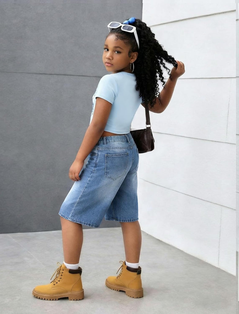 Girls Jean Shorts Baggy Wide Leg Washed Bermuda Denim Shorts Straight Leg Cute Summer Y2K Streetwear