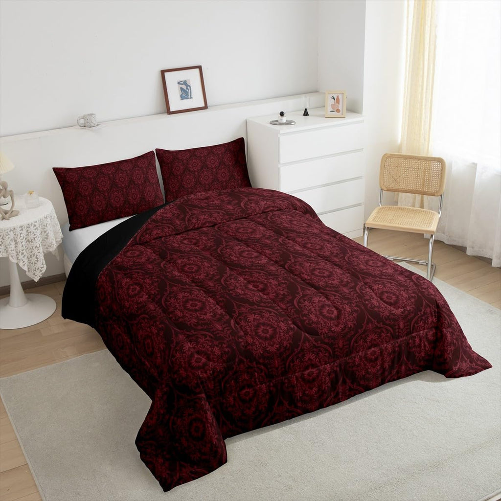 Vintage Red Gold Ombre Floral Comforter Boho Paisley Damask Bedding Comforter Set Full Victorian Baroque Gothic