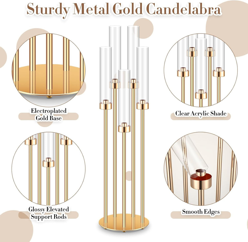 8 Pcs Acrylic Candelabra Centerpieces 35" Tall Clear Candle Holders Pillar Taper Candlestick with Lampshades 5 Arm
