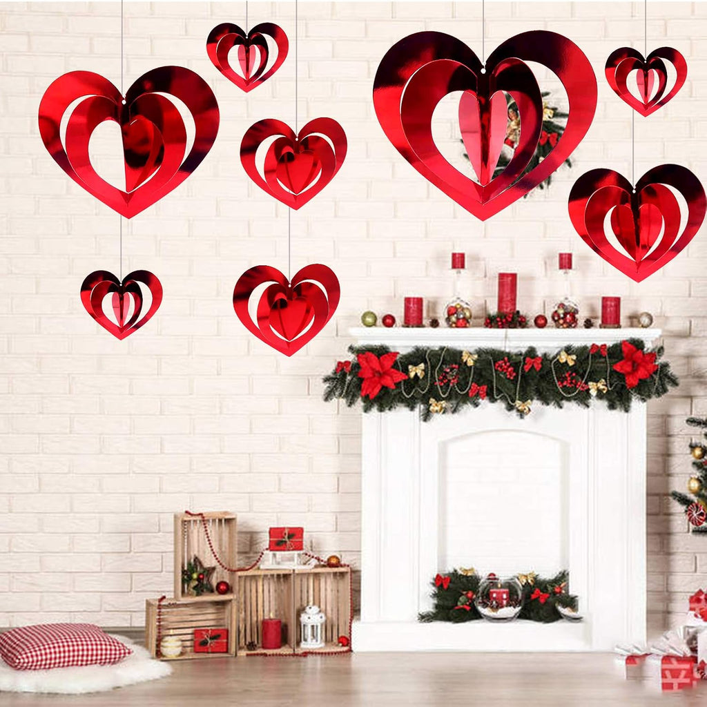 Valentine's Day Heart Hanging Foil Decorations, Swirl Red Hearts Ornaments, 3D Heart Garland Ornaments - Set of 32