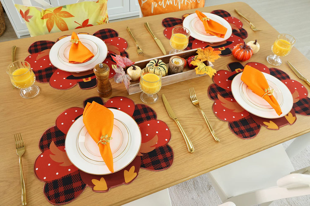 Thanksgiving Placemats Set of 4 - Fall Placemats for Dining Table Orange Brown Plaid, Harvest Turkey Placemats for