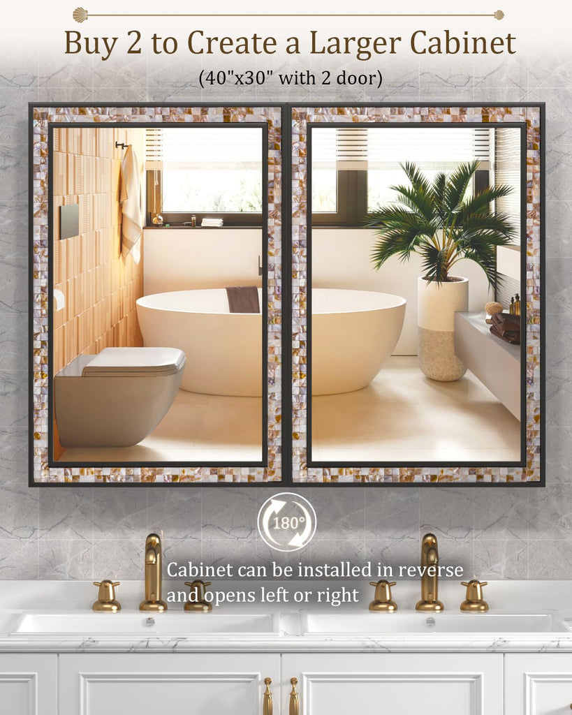 20"x30" Black Bathroom Medicine Cabinet with Mirror, Art Deco Mother of Pearl Vanity Mirror with Storage, Reversible