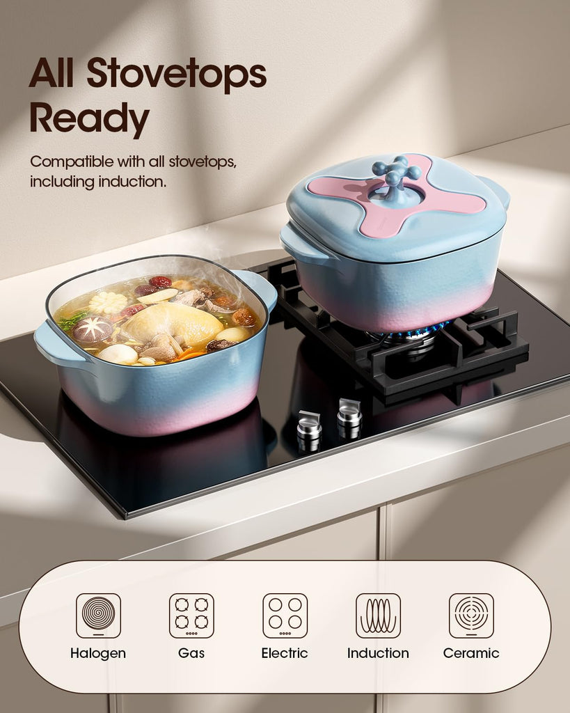5 Quart Enameled Cast Iron Dutch Oven Pot with Lid, Rounded Square, Blue