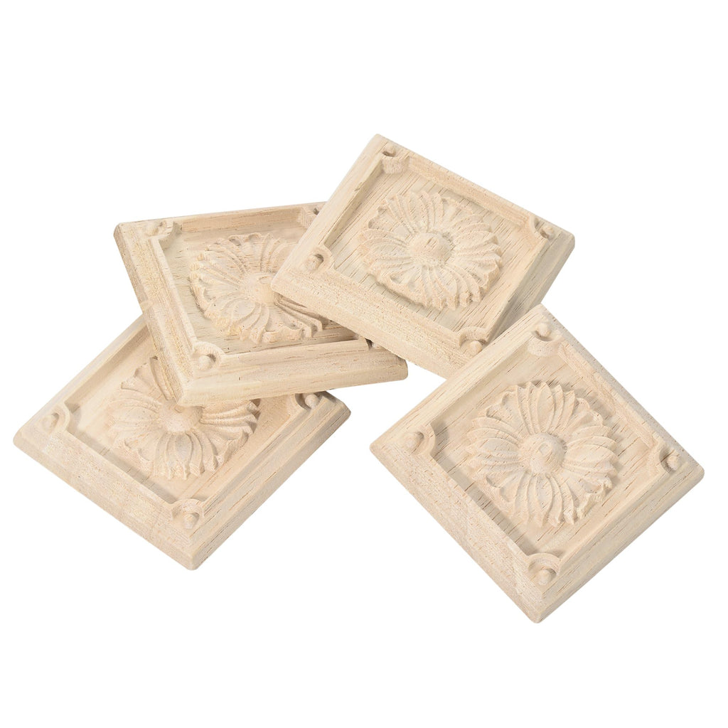 4 Pcs Decorative Wood Carved Appliques Onlays Small Flower Square Rosette, 2.35x 2.35inch Unpainted Solid Wood Square