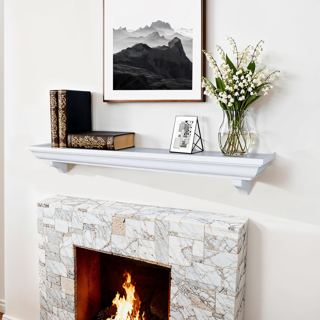 48 Inch Fireplace Mantel Shelf with Corbels, Rustic Floating Shelf, White
