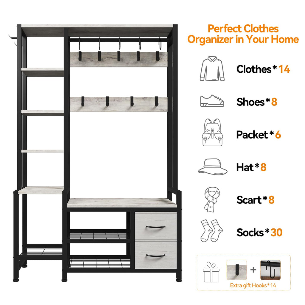 Hall Tree 43", Bench with Shoe Storage, Large Coat Rack Shoe Bench with 5 Tier Shelves, 5 in 1 Design Front Door Shoe