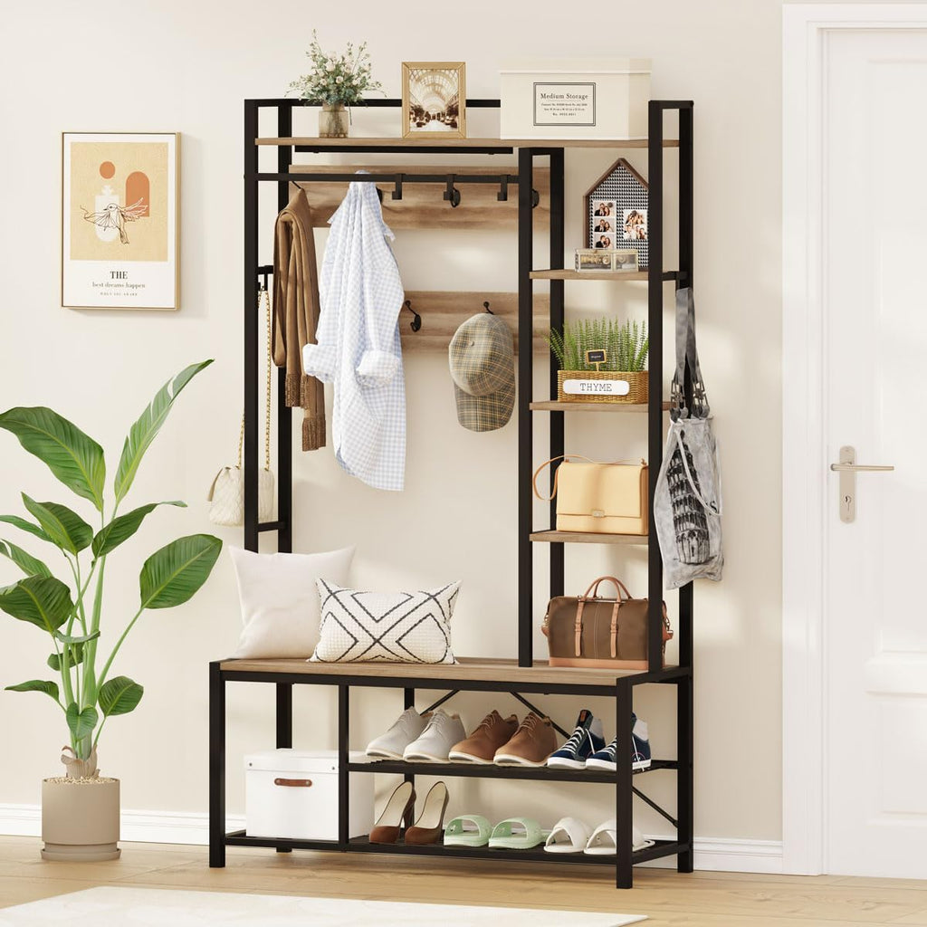 Farmhouse Hall Tree, Mudroom Bench with Shoe Storage, Large Coat Rack Shoe Bench with 5 Tier Open Shelves