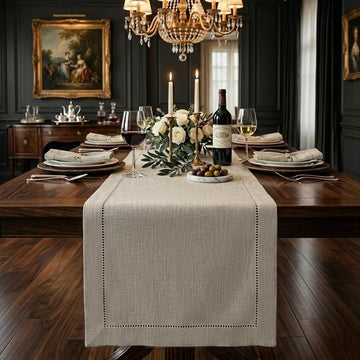 Signature LinenTM by D'Moksha Natural Table Runner 108 Inches Long, 100% Pure Linen, Hemstitch, 14 x 108 Inch Table