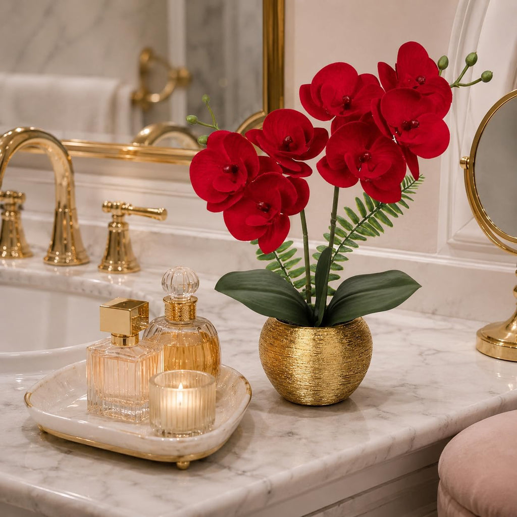 13" Small Artificial Orchid Flowers in Gold Ceramic Pot, Red Faux Phalaenopsis Silk Orchid Arrangement Vanity Bedroom