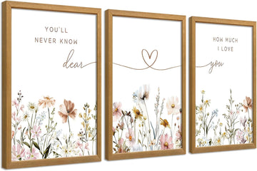 Wood Framed Nursery Wall Art Set of 3, Boho Wildflower Prints 12x16 Inch