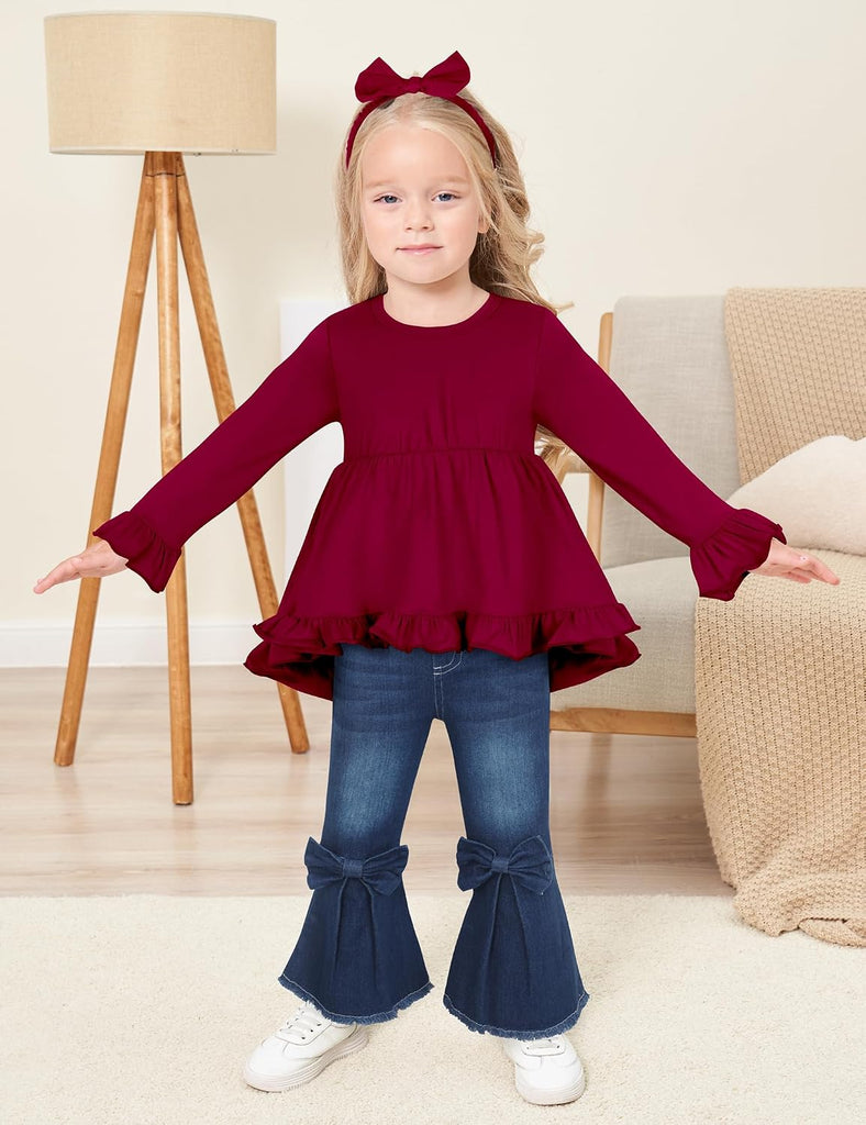 Todder Kids Girls Clothes Solid Color Ruffles Top Bow Flared Jeans 2PCS Fall Girls Clothing Set