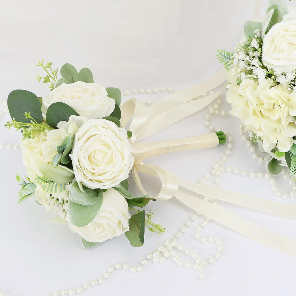 White Bridesmaid Bouquets for Wedding - Silk Artificial Ivory Bridesmaid Flowers, Pre-Made Roses Sage Green Boho