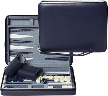 Backgammon Set, Board Games for Adults - Travel Games - Magnetic with Navy Blue Leatherette Backgammon Board