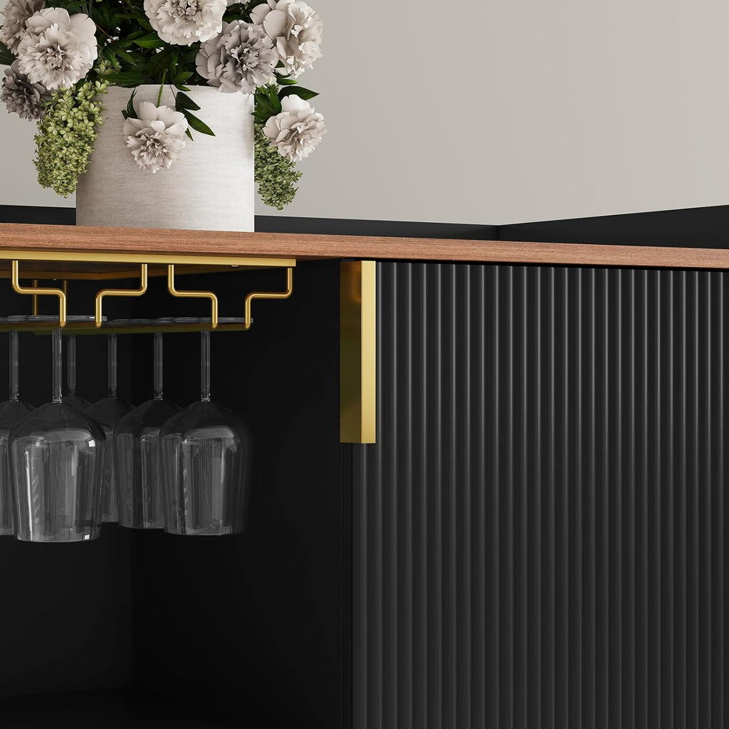 48" Wine Bar Cabinet with Fluted Texture, Buffet Sideboard, Black | Modern Storage Cabinet with Wine Rack & Glass
