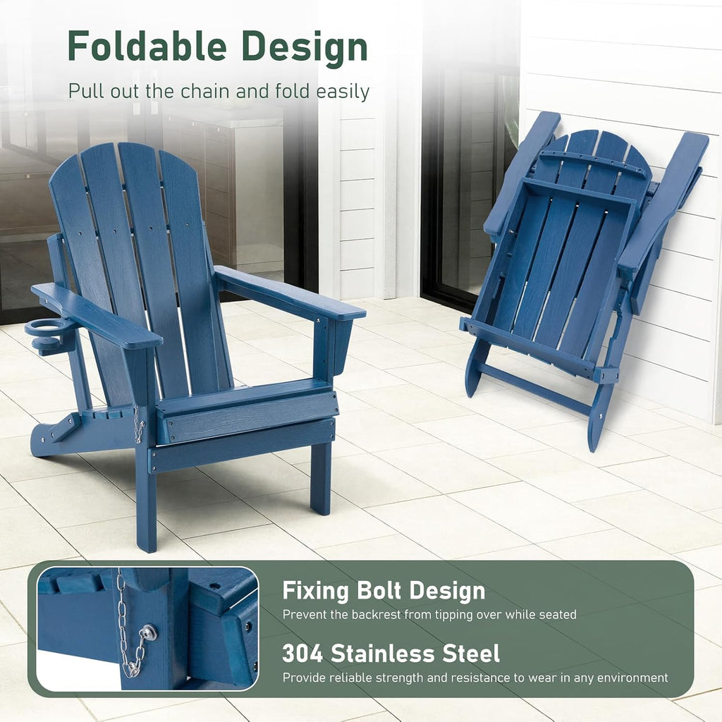 Folding Adirondack Chair, Outdoor HDPE Weather-Resistant Patio Chairs with Cup Holders, Plastic Chairs for Outside
