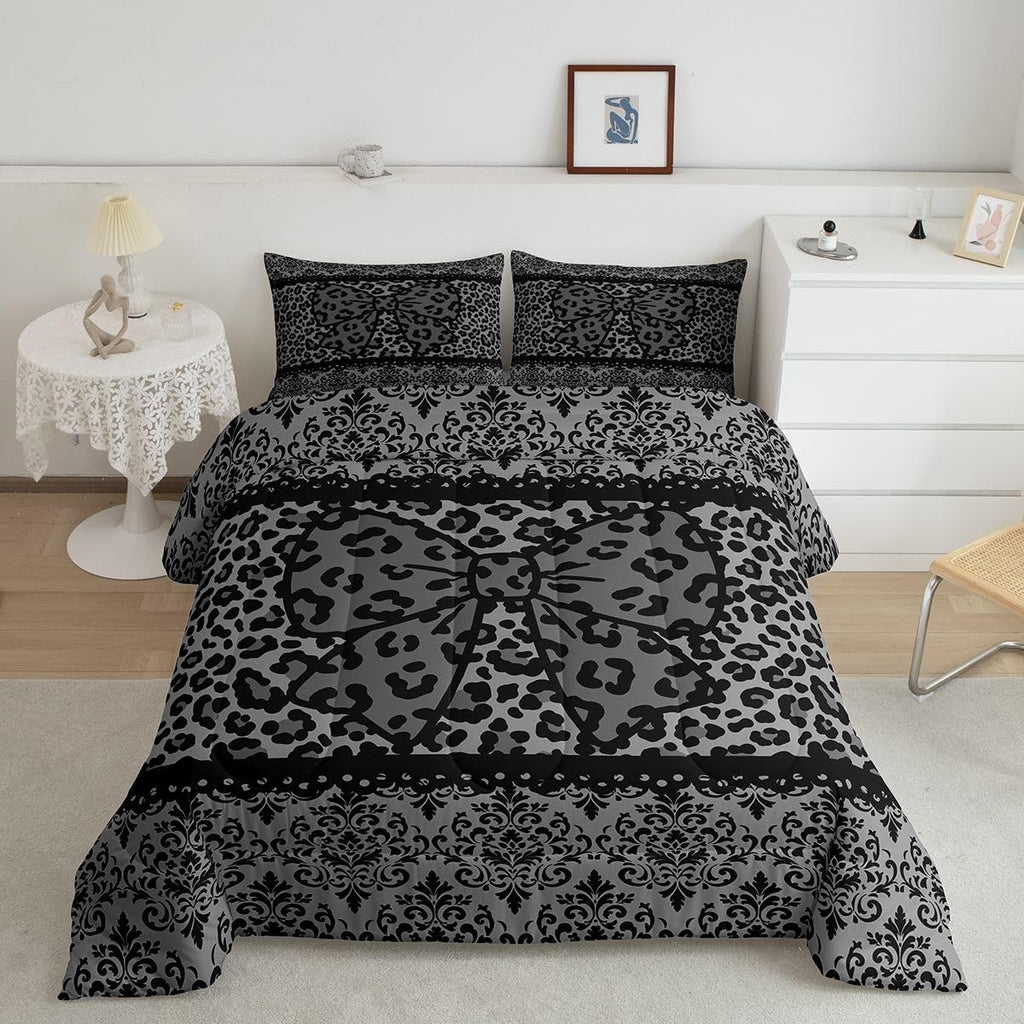 Black Grey Leopard Damask Bowknot Print Bedding Set, Gothic Antique Victorian Baroque Comforter Set Full Size Vintage
