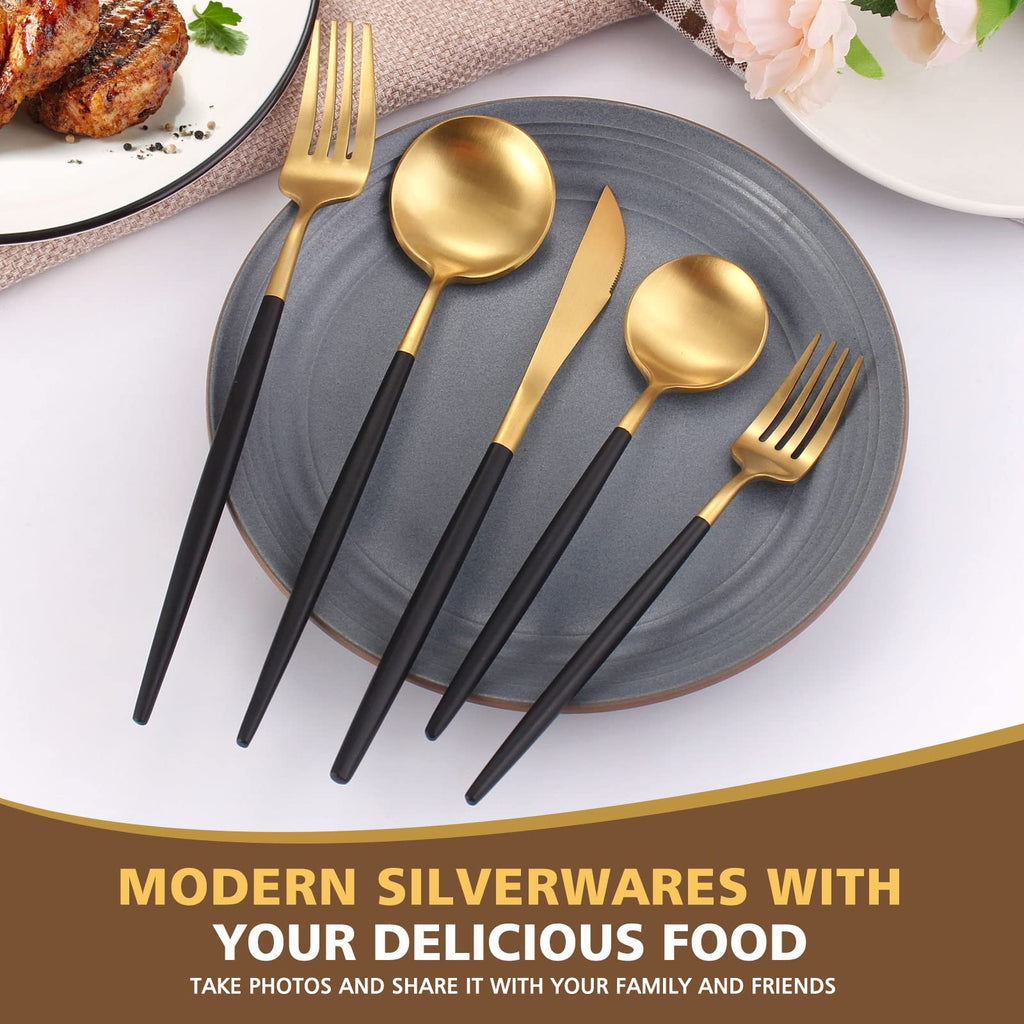 Matte Black Gold Silverware Set, 40-Piece Stainless Steel Flatware Cutlery Set Service for 8, Satin Finish Kitchen