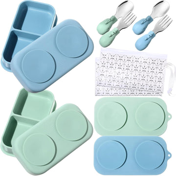 2 Pack Baby Suction Plate Set Silicone Suction Plate with Lid Divided Bowls for Portable Toddler Utensils Compact