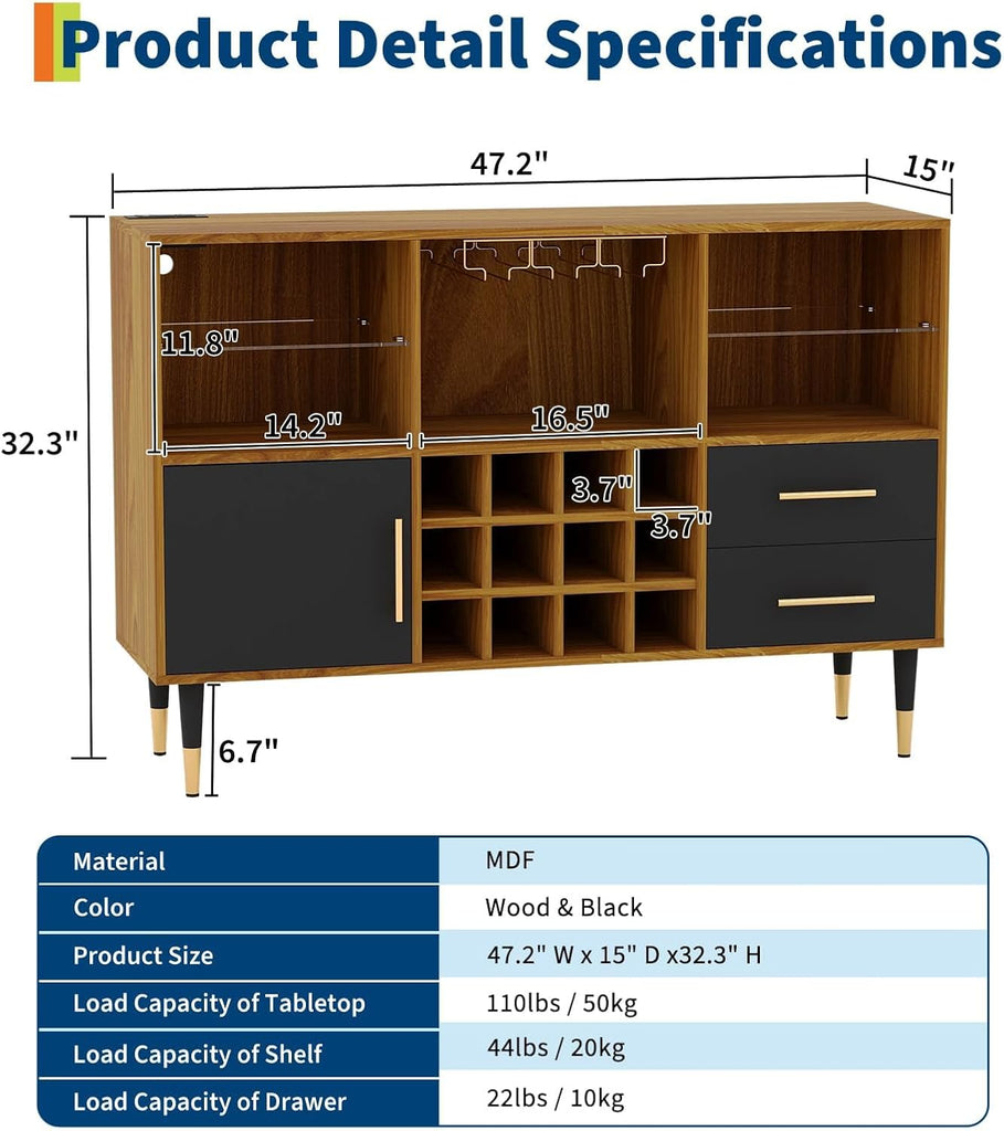 47 Inch Modern Bar Cabinet, Wood Sideboard Buffet with LED Lights, Charging Station, Wine Rack, Drawers & Doors