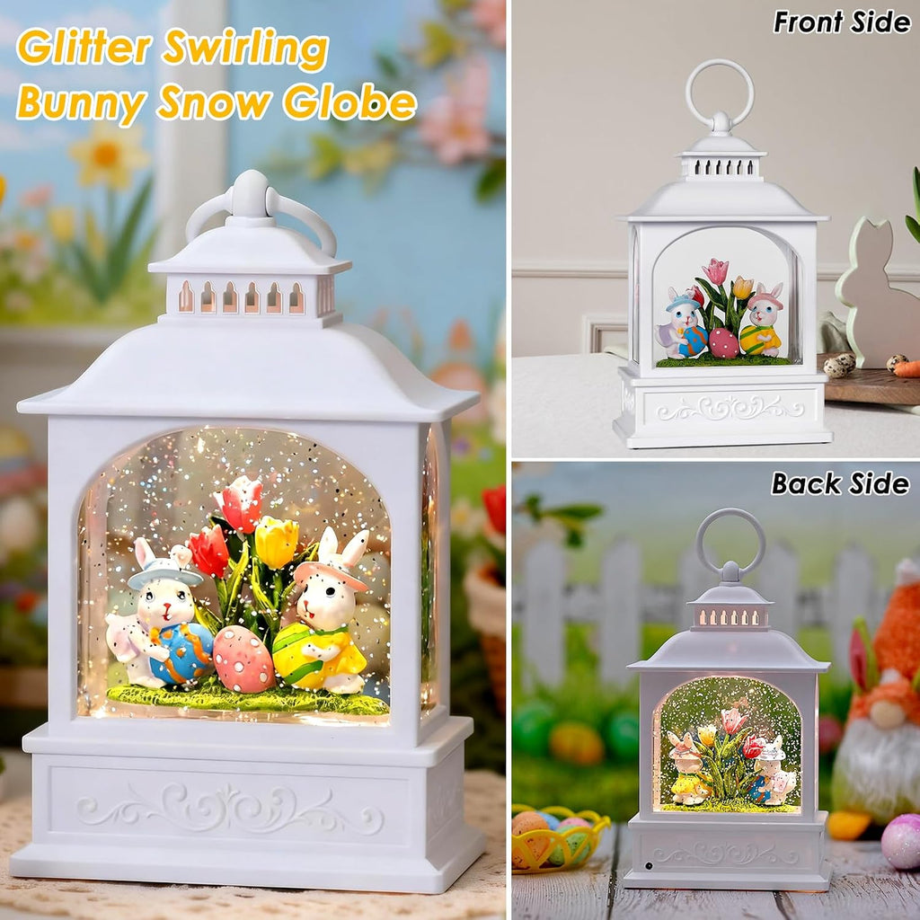 Easter Bunny Snow Globe, Easter Eggs Spring Snow Globe 6H Timer Glitter Lantern Easter Decorations (Bunny Eggs)